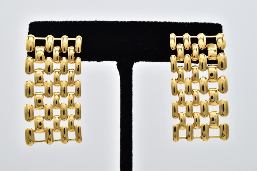 Vintage NOS Gold Tone Band Link Rectangle Chain Dangle Earrings Drop 1980s NS12